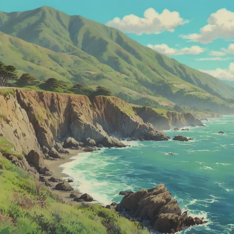 Ghibli-style AI-generated coastal landscape