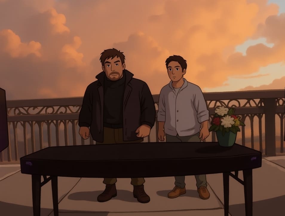 An AI-generated Ghibli-style scene of two people in the twilight